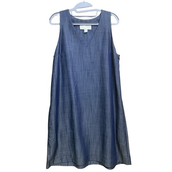 MORGAN CARPER Anthropologie Denim Blue Chambray SEKA V-Neck Sheath Dress Size M - Picture 2 of 9